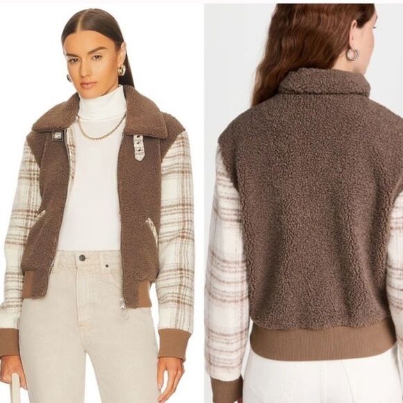 Jonathan Simkhai Tan Fleece w Plaid Trim Zip Bomber Jacket - Picture 1 of 7